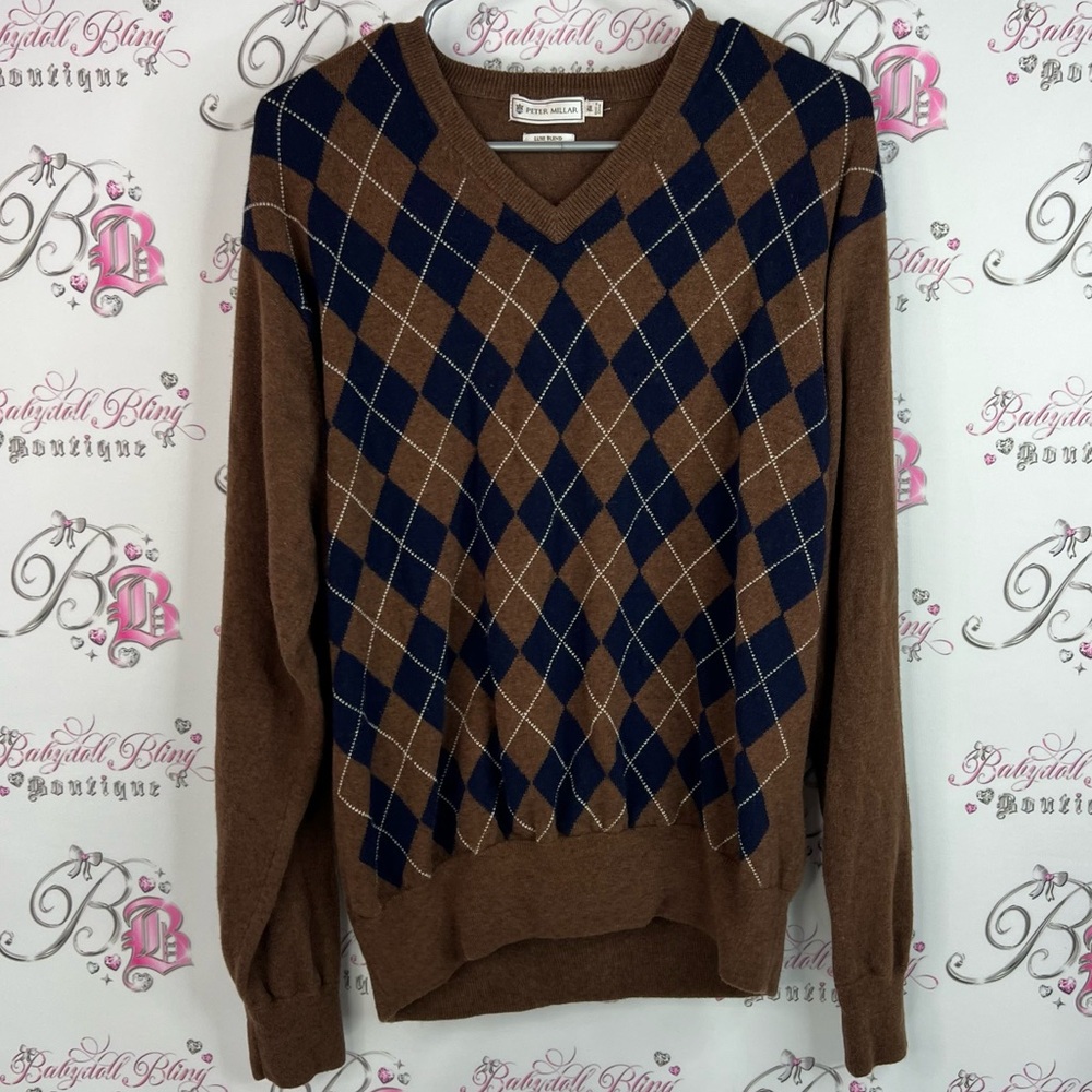 Peter Millar long sleeve wool cashmere V-Neck Argyle Sweater in Brown and Blue